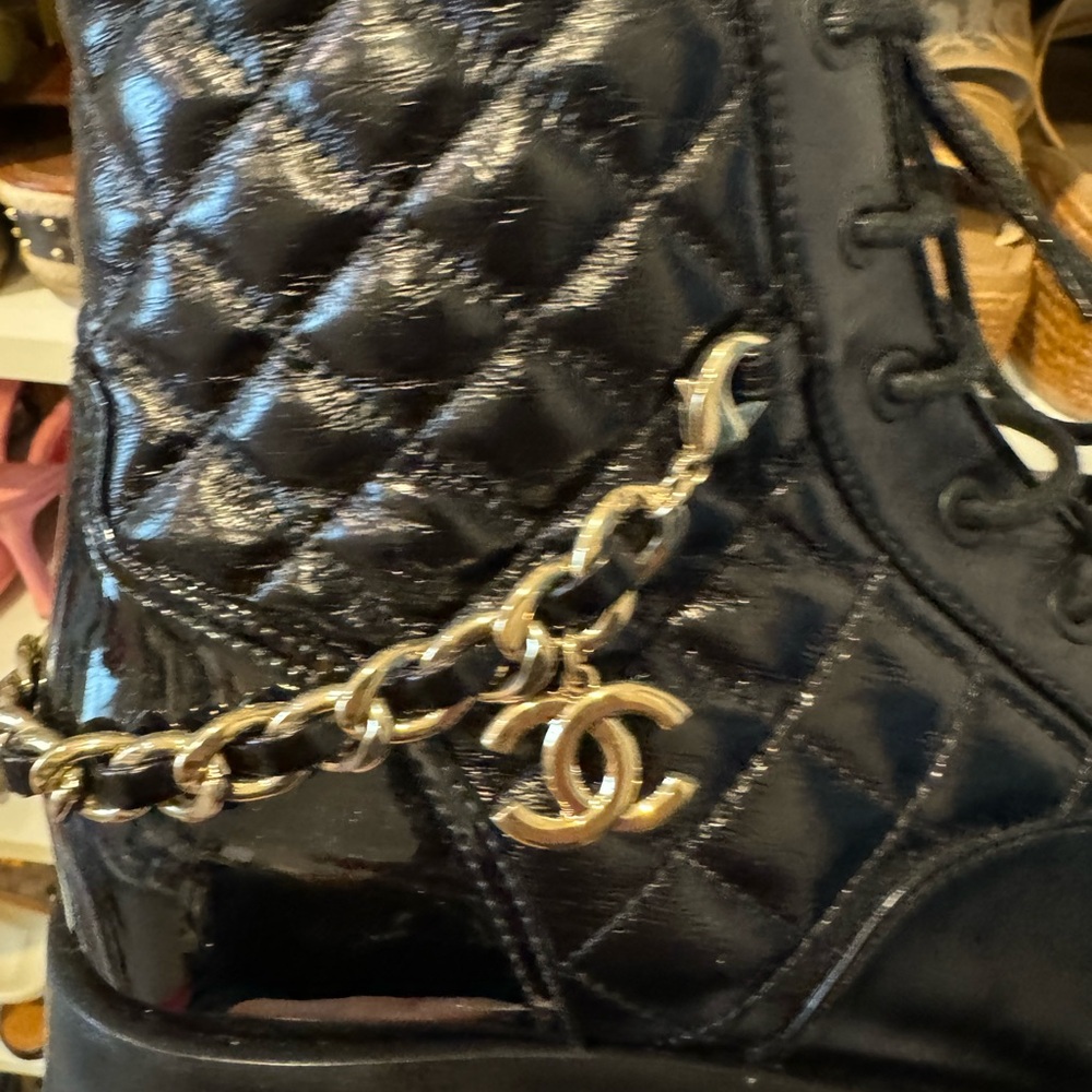 New Chanel Combat Boots - Black with Gold Chain - Picture 5 of 7